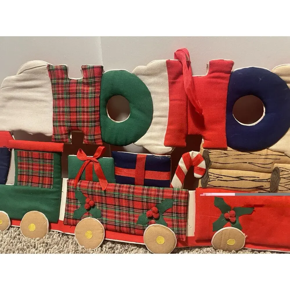 VTG Christmas Train Ho Ho Ho Wall Decor Handmade Fabric Holiday